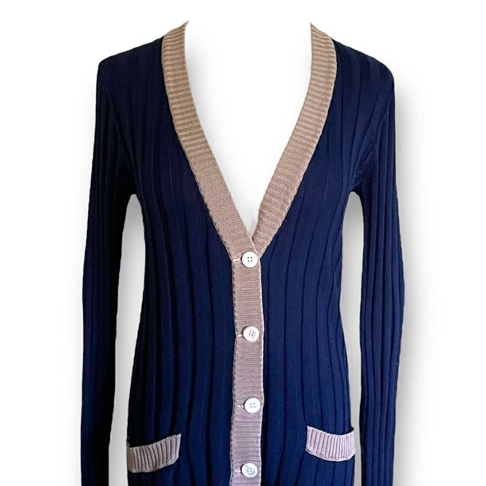 Yves Saint Laurent Rive Gauche Vintage 1970s Womens Cardigan Sz S Navy Blue Tan - Picture 3 of 10